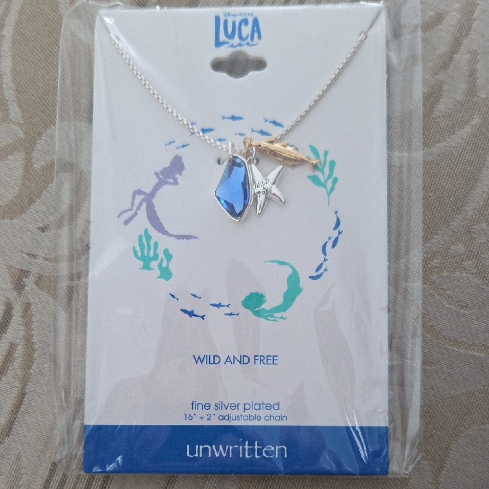 Unwritten Disney Pixar Luca Movie Silver Necklace with Blue and Gold Charms